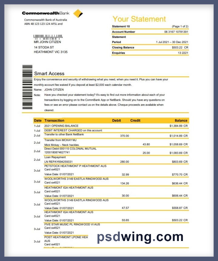 Australia Commonwealth Bank Statement